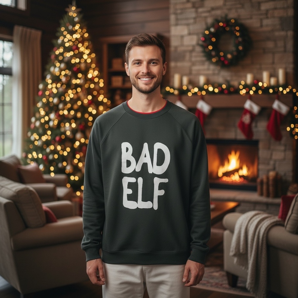 NWOT‎ Wallflower Men’s 'Bad Elf’ Crewneck Sweatshirt Ugly Sweater White Elephant